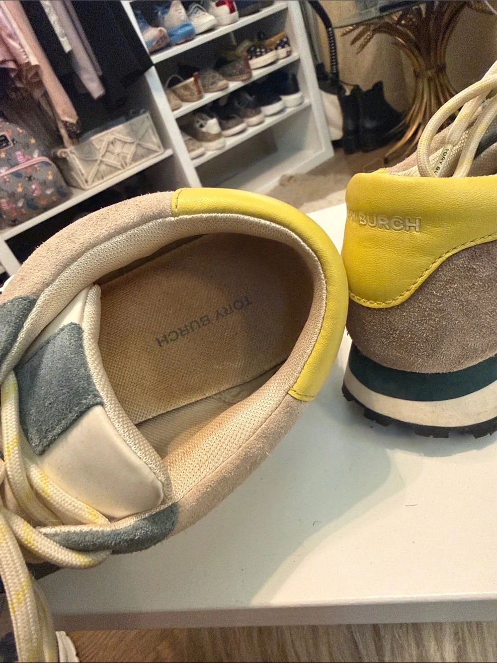 Tory Burch Nylon Yellow & Gray Suede-Trim Runner Sneakers